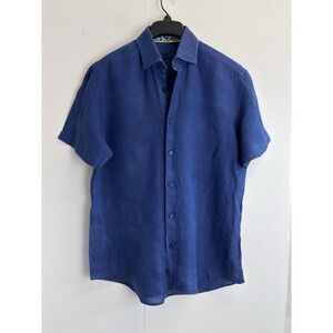 Bertigo Mens Size L 100% Linen Button Down Shirt Blue Short Sleeve Embroidered